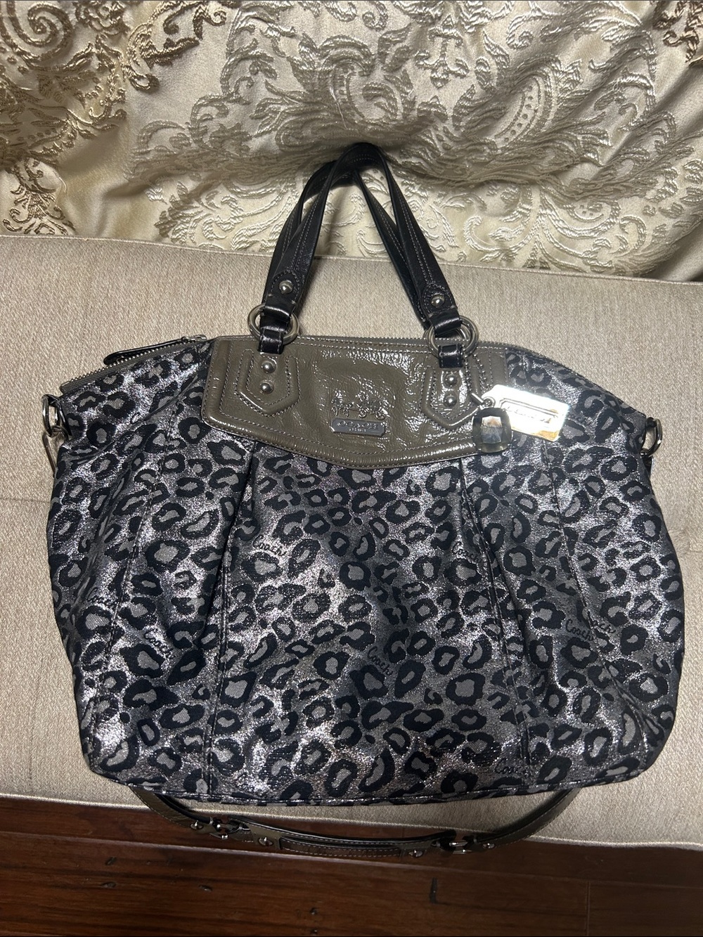 Coach Silver and Black Leopard-Print Tote with Patent Trim